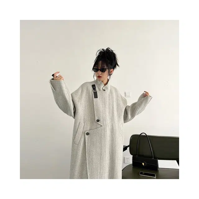 纤丝鸟 外套女小个子高级赫本风中长款燕麦色人字纹大衣 女款