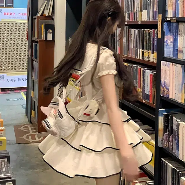 纤丝鸟 法式学院风海军领泡泡袖短裙甜美氛围感蛋糕裙收腰优雅短袖连衣裙 女款