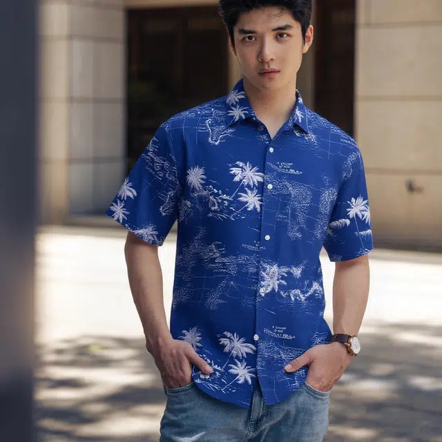 纤丝鸟 舒适休闲百搭复古短袖衬衫 男女同款 蓝色