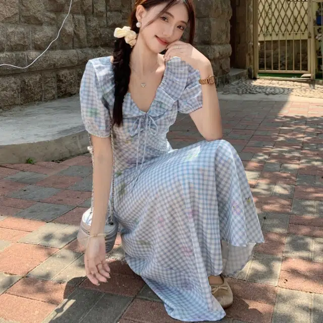 纤丝鸟 法式清新甜美风格纹别致收腰泡泡仙女裙碎花长裙短袖连衣裙 女款