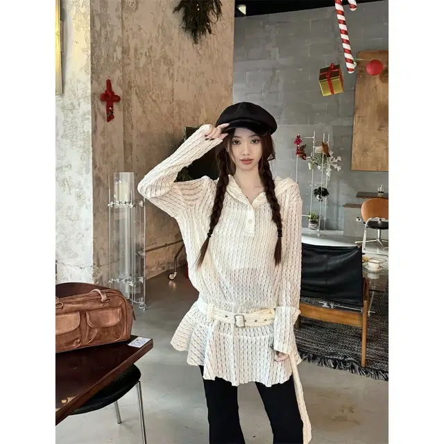 纤丝鸟 韩系镂空蕾丝荷叶边长袖小众设计舒适百搭针织衫 女款