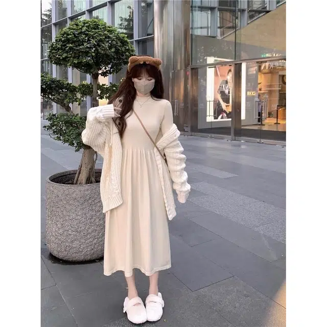 纤丝鸟 半高领法式修身显瘦收腰打底长袖连衣裙 女款