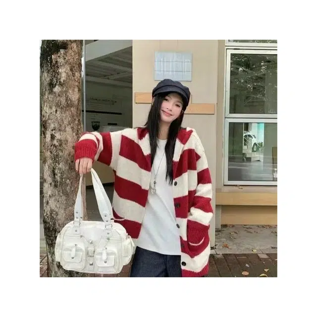 纤丝鸟 慵懒风撞色条纹宽松开衫软糯百搭简约设计上衣针织衫 女款