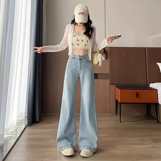 纤丝鸟 美式高腰显瘦阔腿微喇弹力百搭垂感时尚复古牛仔裤 女款