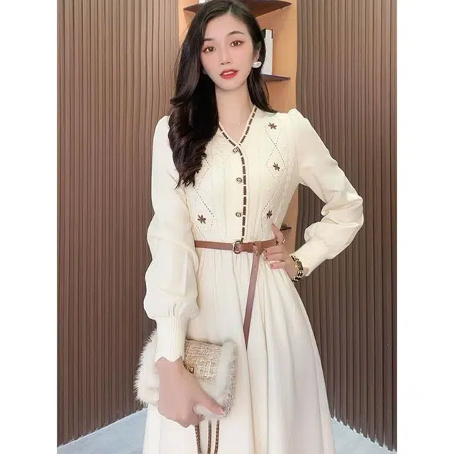 纤丝鸟 针织裙打底内搭法式赫本风气质收腰裙子长袖连衣裙 女款