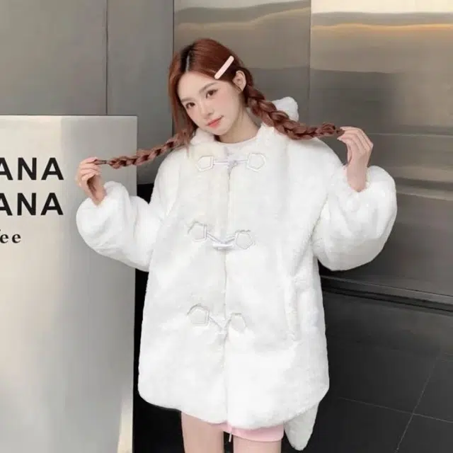 纤丝鸟 长袖立领设计兔子耳朵毛绒日系学院可爱外套针织衫 女款