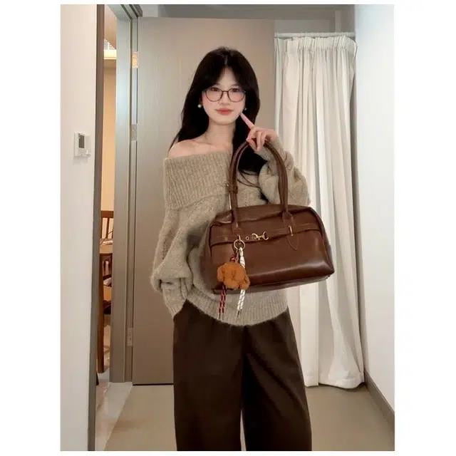 纤丝鸟 简约复古时尚宽松法式一字肩露肩舒适百搭修身针织衫 女款