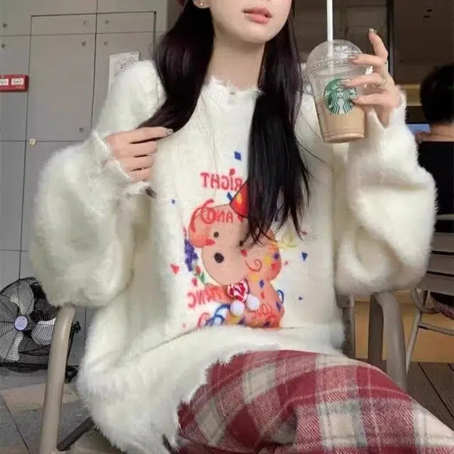 纤丝鸟 设计感复古甜心狗狗印花圆领氛围感宽松衫针织衫 女款