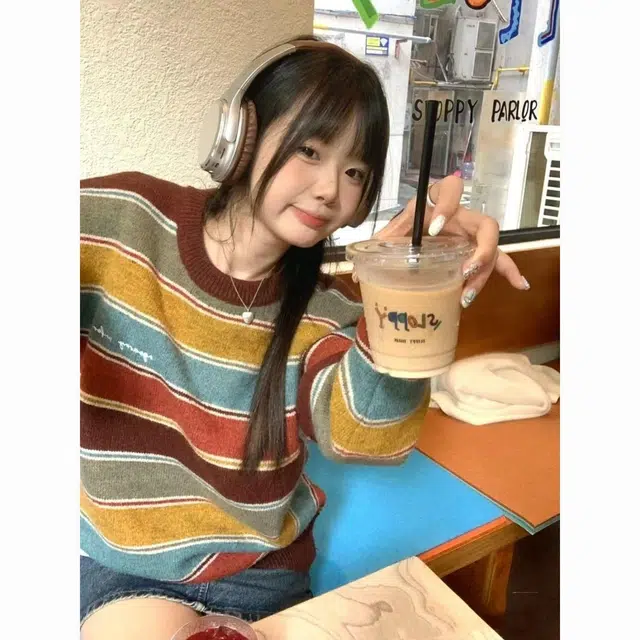 纤丝鸟 学院风彩虹条纹外套女慵懒风宽松软糯可爱打底针织衫 女款