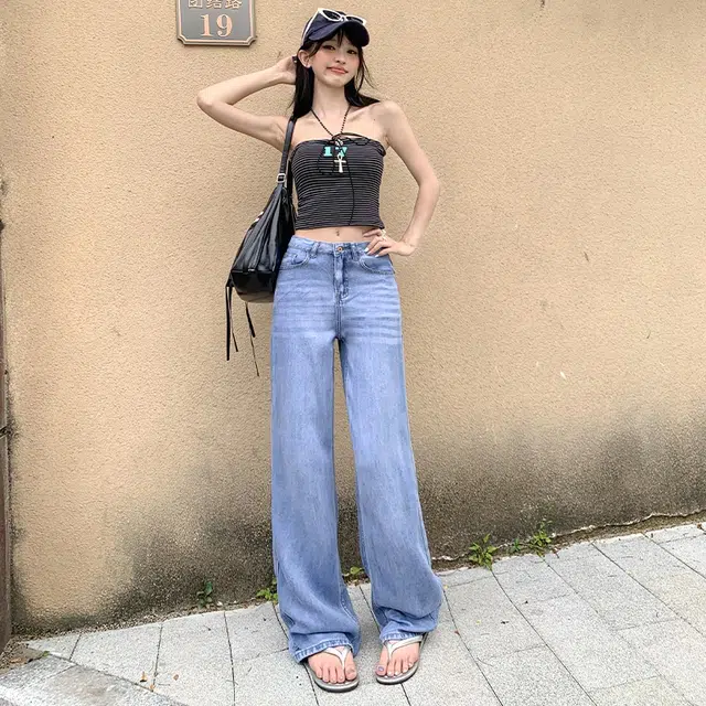 纤丝鸟 美式时尚复古高腰显瘦阔腿垂感百搭直筒透气舒适牛仔裤 女款