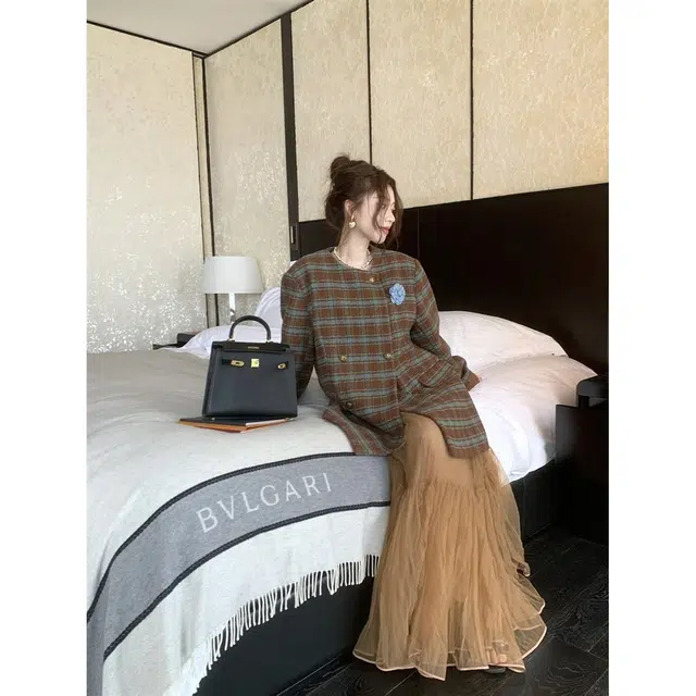 纤丝鸟 小香风格子大衣圆领法式复古韩系气质截短外套 女款