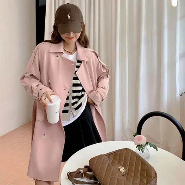 纤丝鸟 英伦风粉色外套女高级宽松显瘦小个子中长款大衣 女款