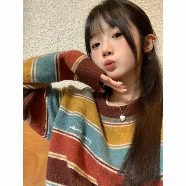 纤丝鸟 学院风彩虹条纹外套女慵懒风宽松软糯可爱打底针织衫 女款