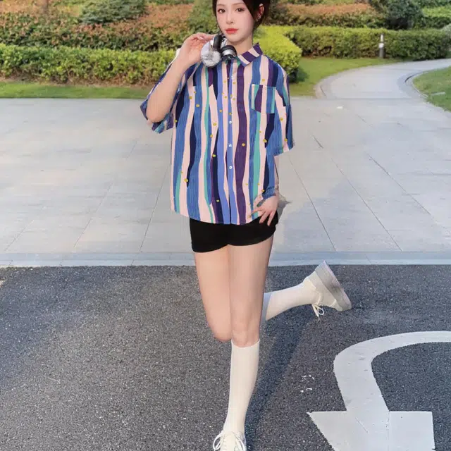 纤丝鸟 潮牌高街拼色设计感休闲宽松短袖衬衫 男女同款 图片色