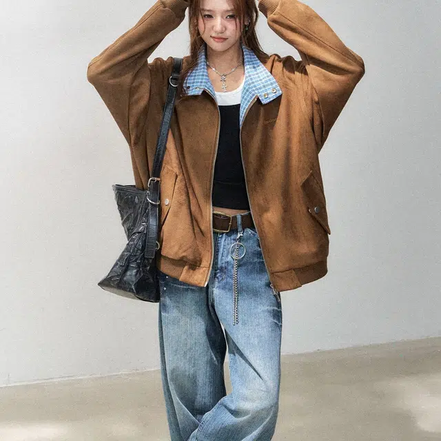 纤丝鸟 美式复古格子拼接外套时尚潮流休闲夹克棉服 女款