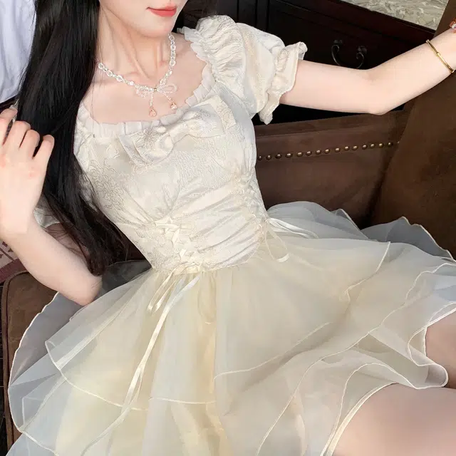 纤丝鸟 甜美公主风蝴蝶结欧根纱蓬蓬裙短袖连衣裙 女款 杏色