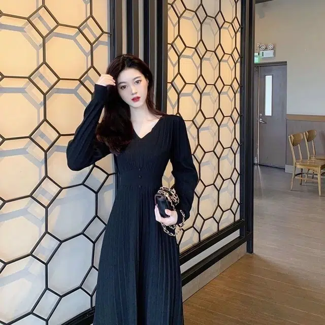 纤丝鸟 法式复古风格收腰设计气质大方显瘦打底长款长袖连衣裙 女款