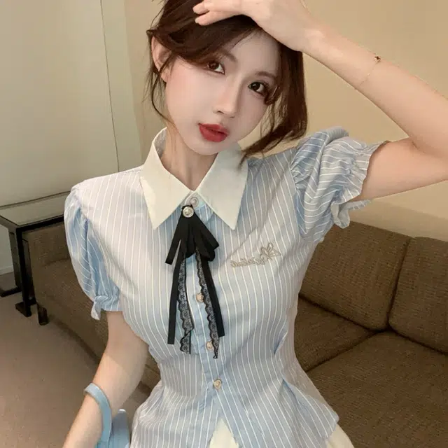 纤丝鸟 韩系甜美减龄小清新翻领衬衣高腰设计感蓬蓬裙裙装套装 女款