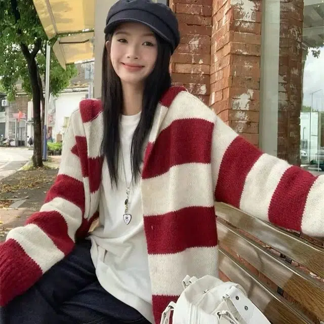 纤丝鸟 慵懒风撞色条纹宽松开衫软糯百搭简约设计上衣针织衫 女款