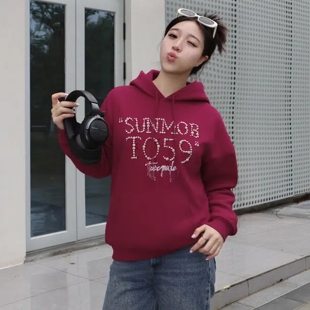 纤丝鸟 珍珠字母连帽美式街头卫衣 男女同款
