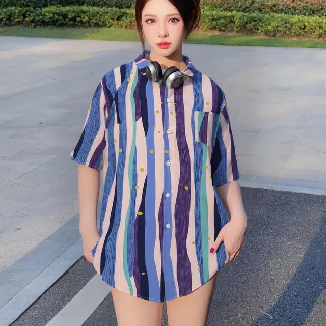 纤丝鸟 潮牌高街拼色设计感休闲宽松短袖衬衫 男女同款 图片色