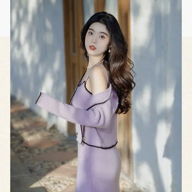 纤丝鸟 奶甜系小香风套装高级感纯欲风吊带开衫长袖连衣裙 女款