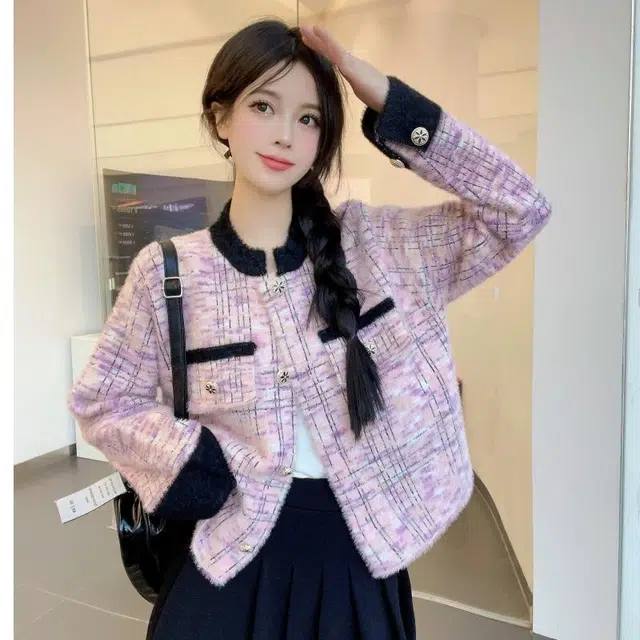 纤丝鸟 简约香风撞色格纹甜美设计感长袖上衣截短外套 女款