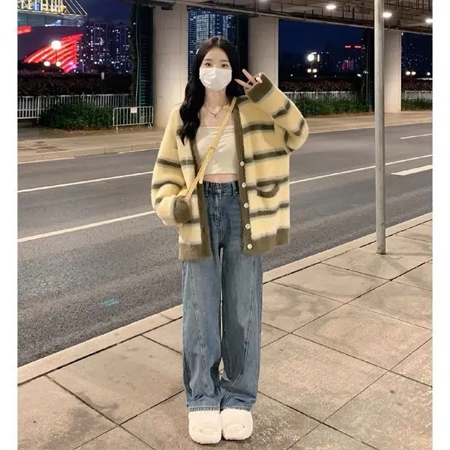 纤丝鸟 学院风开衫外套女条纹宽松拼色外搭韩系长袖上衣针织衫 女款