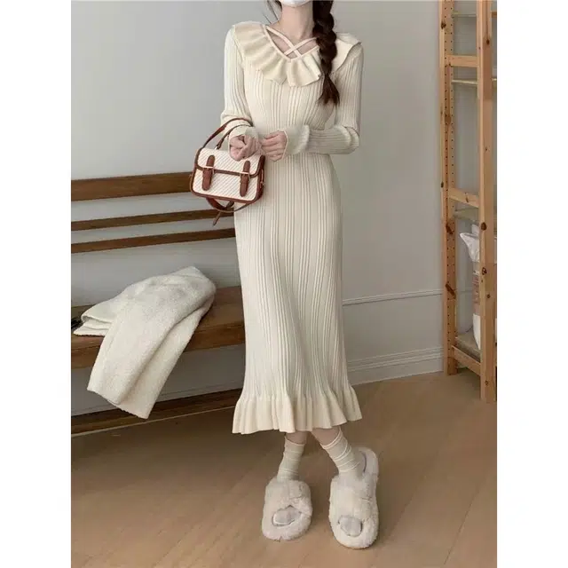 纤丝鸟 法式温柔风荷叶领收腰修身包臀长裙长袖连衣裙 女款