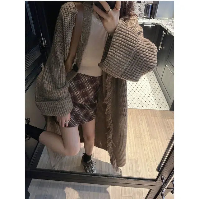 纤丝鸟 美拉德流苏外套开衫长款韩版宽松慵懒风衫潮针织衫 女款