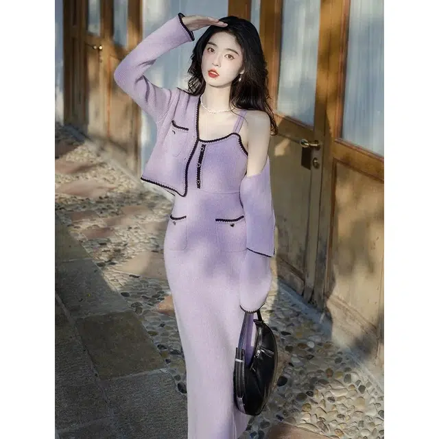 纤丝鸟 奶甜系小香风套装高级感纯欲风吊带开衫长袖连衣裙 女款