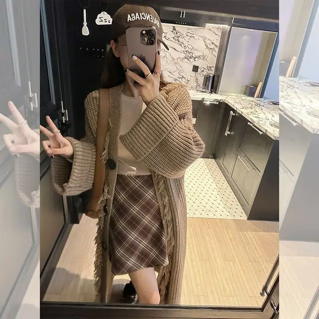 纤丝鸟 美拉德流苏外套开衫长款韩版宽松慵懒风衫潮针织衫 女款