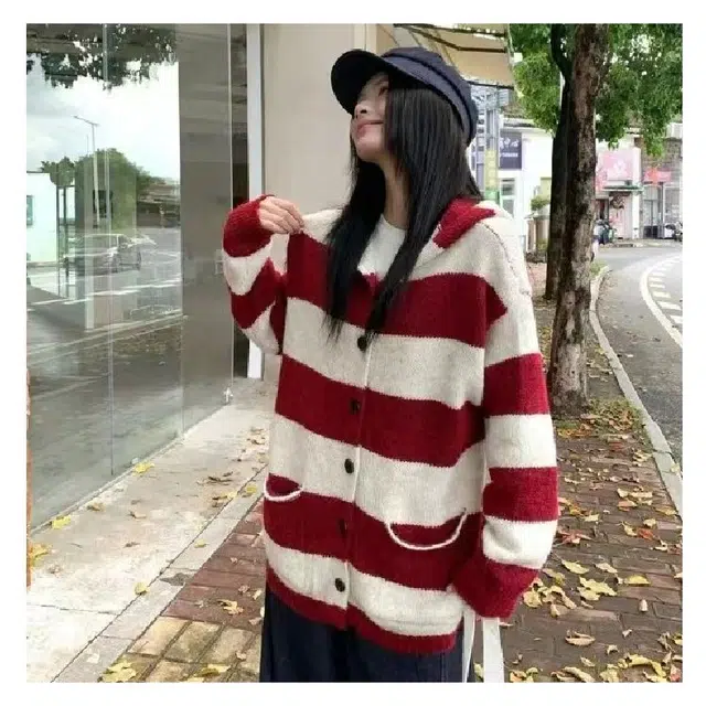 纤丝鸟 慵懒风撞色条纹宽松开衫软糯百搭简约设计上衣针织衫 女款