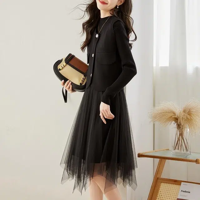 纤丝鸟 小香风高级气质马甲套装宽松显瘦长袖连衣裙 女款