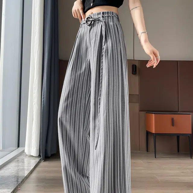 纤丝鸟 条纹阔腿裤直筒宽松舒适飘逸拖地裤温柔韩式风休闲裤 女款