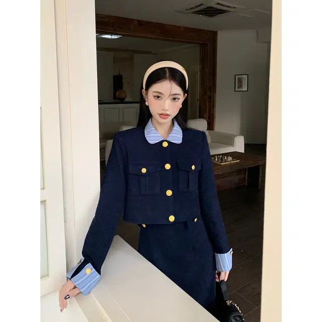 纤丝鸟 法式简约舒适优雅复古风格小香风拼接设计长袖连衣裙 女款