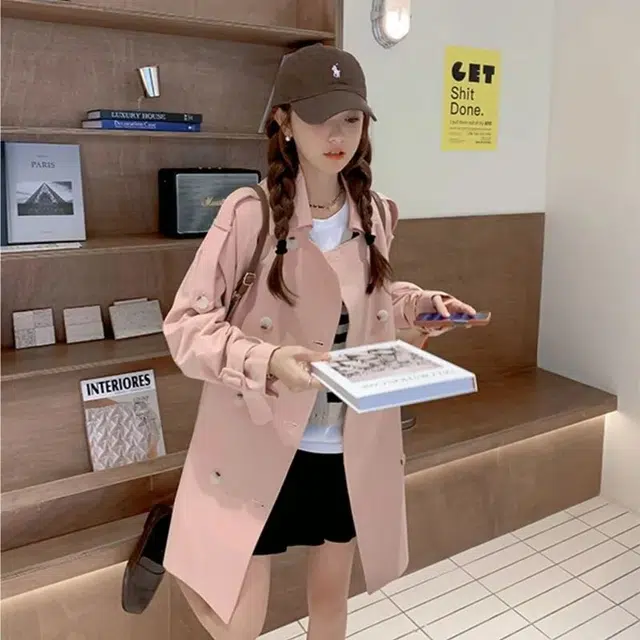 纤丝鸟 英伦风粉色外套女高级宽松显瘦小个子中长款大衣 女款