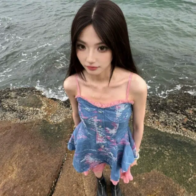 纤丝鸟 法式复古牛仔仙女收腰气质高级感不规则短裙吊带连衣裙 女款