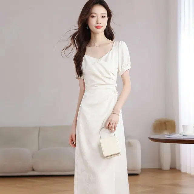 纤丝鸟 温柔时尚百搭气质简约短袖连衣裙 女款