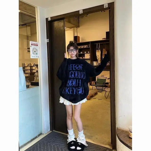 纤丝鸟 美式复古字母提花衫学生宽松软糯套头上衣针织衫 女款