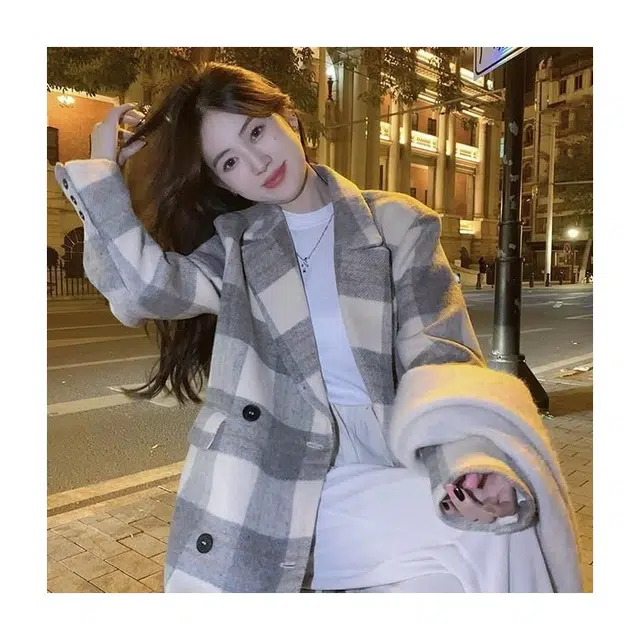 纤丝鸟 韩系海盐芝士格子外套女温柔风格纹高级感长款大衣 女款