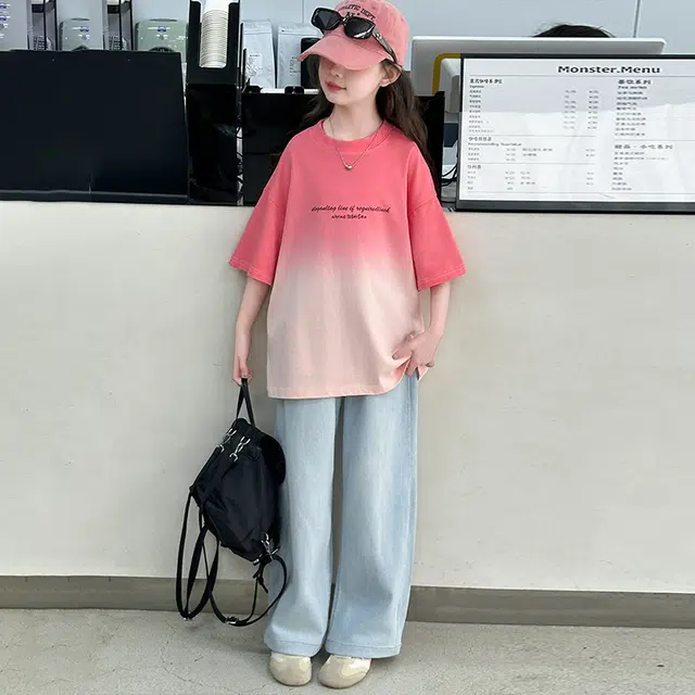 木木屋休闲运动套装 时尚渐变短袖搭配百搭舒适牛仔裤 西瓜红 青少年