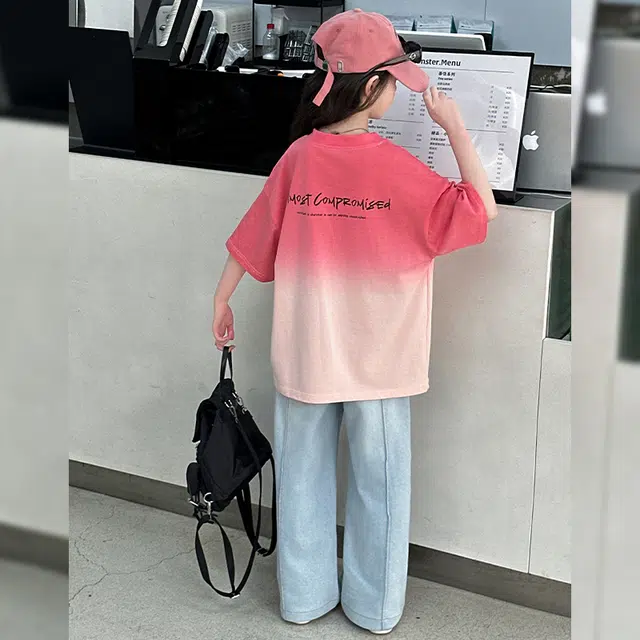 木木屋休闲运动套装 时尚渐变短袖搭配百搭舒适牛仔裤 西瓜红 青少年