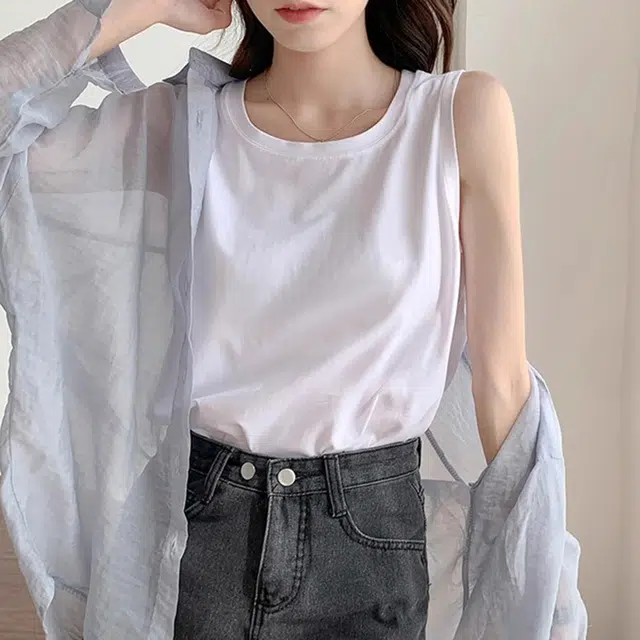 黑恐龙 纯色圆领棉质吊带外穿宽松休闲打底宽肩内搭上衣薄款无袖背心 女款