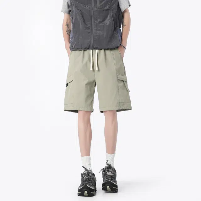 美式冰丝速干极简纯色运动通勤宽松百搭凉感潮牌高街复古痞帅个性直筒时尚户外机能工装五分裤休闲短裤 男女同款