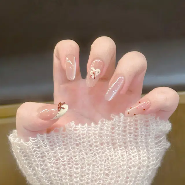 嘉比兔 甜心少女裸色穿戴甲高颜值气质显白波点法式蝴蝶结美甲贴片  杏仁粉色渐变 细闪