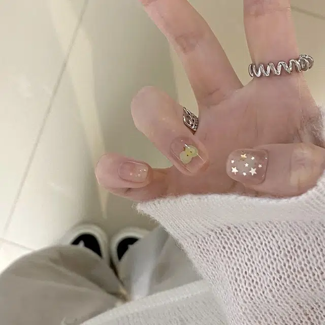 嘉比兔 清凉薄荷绿法式星星手工穿戴甲青苹果乐园清新显白高级穿戴甲  短款浅色晕染 可爱