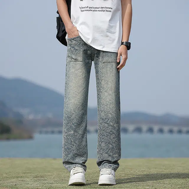 华夏儿女 秋冬季男女同款高街潮流宽松复古提花休闲百搭直筒牛仔裤 男款
