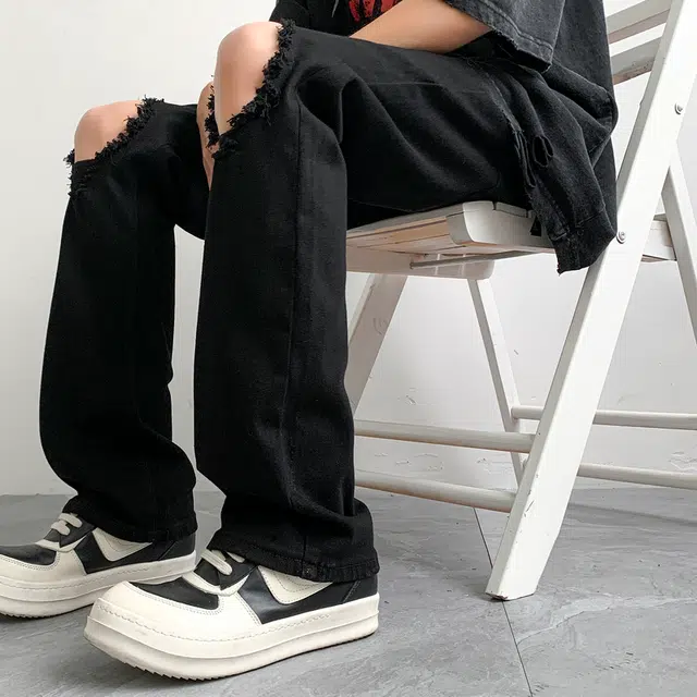 华夏儿女 美式潮流舒适透气基础款百搭复古微喇破洞潮牌宽松直筒休闲长裤牛仔裤 男款