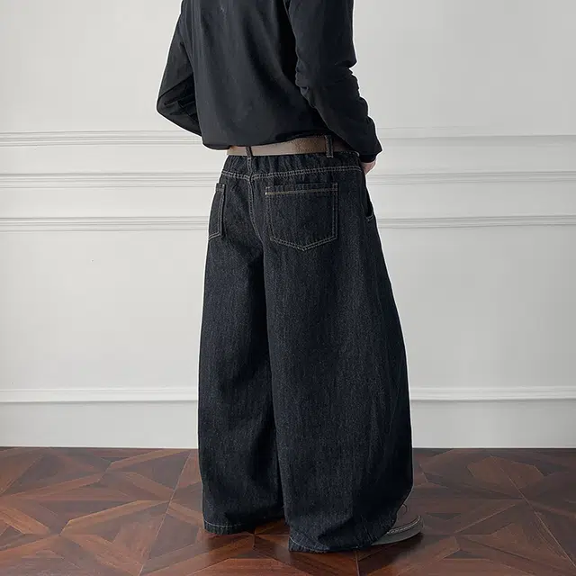 华夏儿女 美式复古可拆卸格子方巾小众设计中腰显高显瘦宽松个性时尚百搭弯刀阔腿长裤日常通勤穿搭牛仔裤 男款